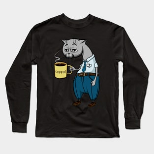 Tired cat office worker and coffee Long Sleeve T-Shirt